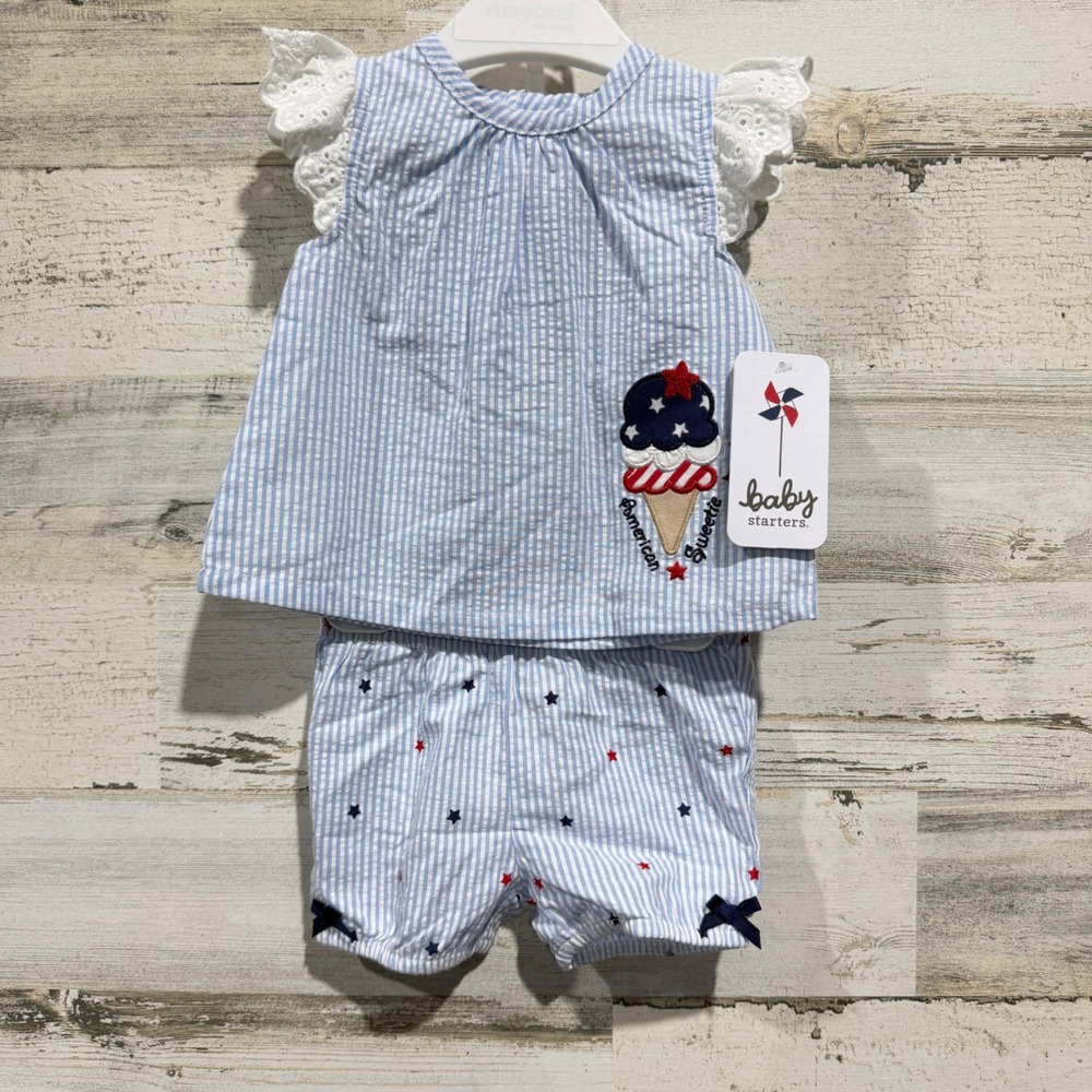 Baby Starters Shorts Set Girls 3M Blue Seersucker Ice Cream Americana NWT